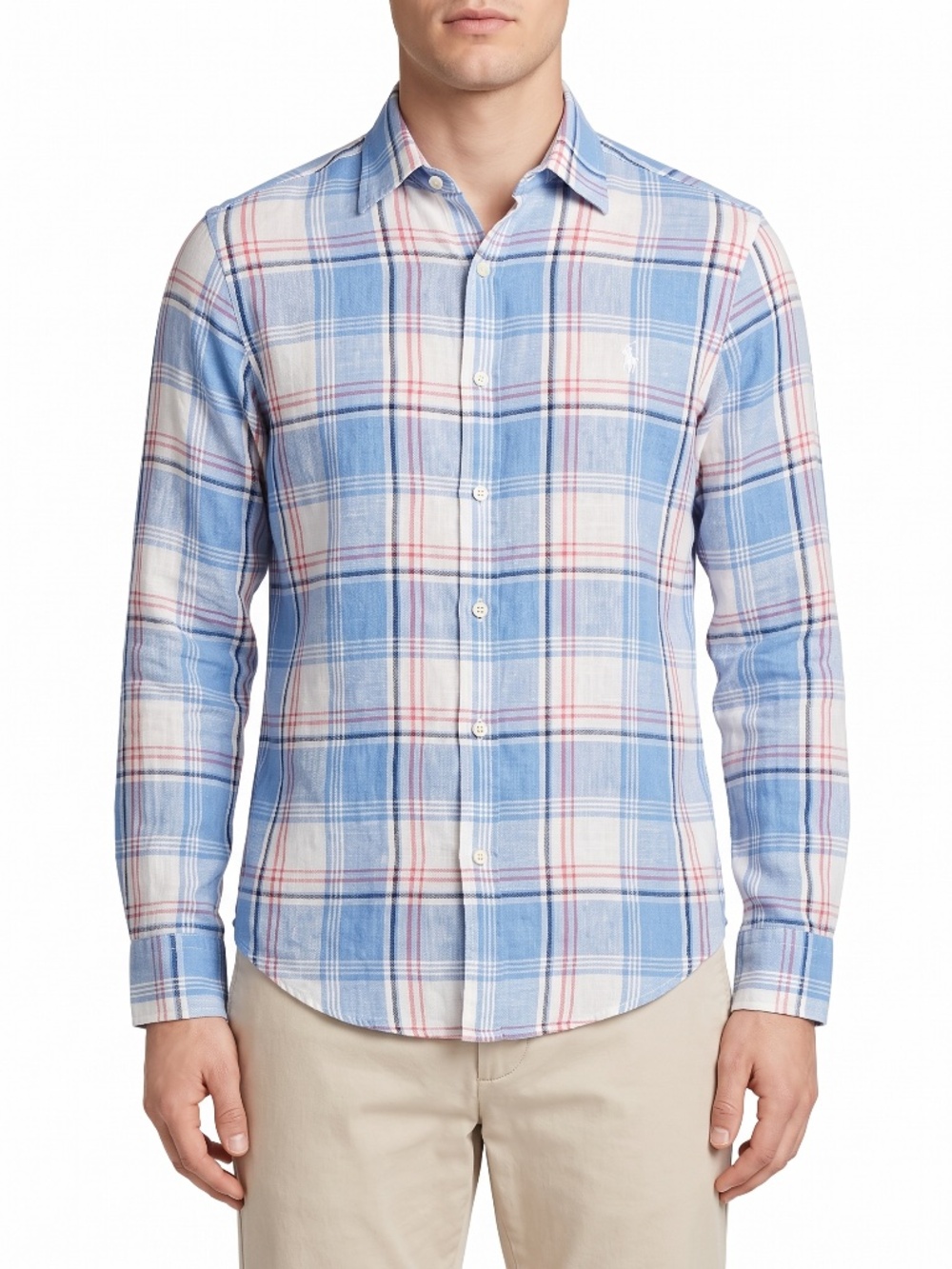 Polo Ralph Lauren Mens M Slim Fit 100% Linen Plaid Button Down Shirt Blue